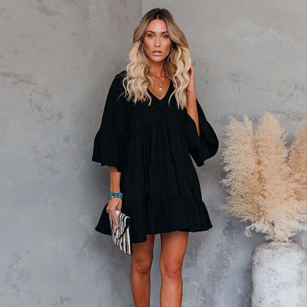 

long new autumn sleeve large 2020 dress women's casual simple style v-neck knee length skirt 221541, Black;gray