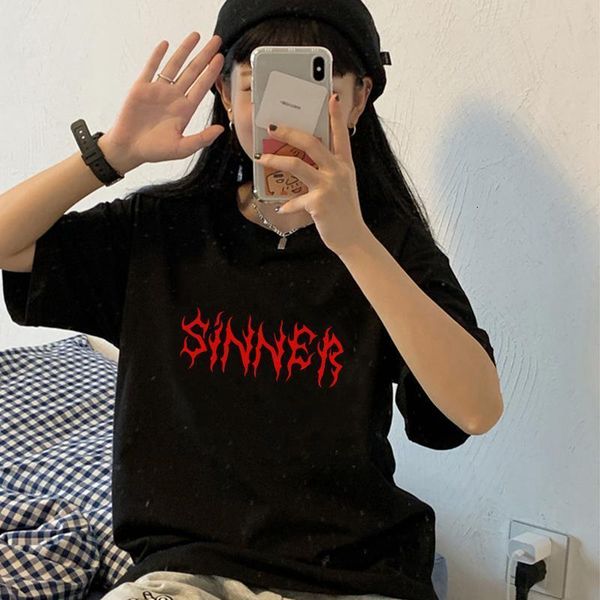 

summer tumblr gothic sinner letter print harajuku punk tees streetwear vintage chic loose casual cool grunge women t-shirt, White