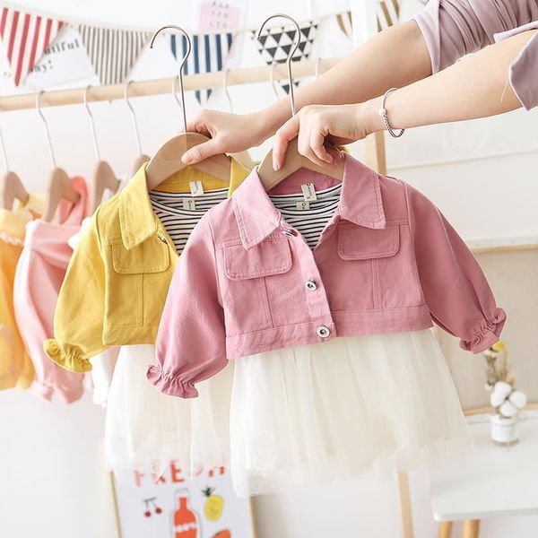 

spring new baby girls cute princess lace two-piece sets cowboy long sleeve dress+ coat suit kids 1021, White