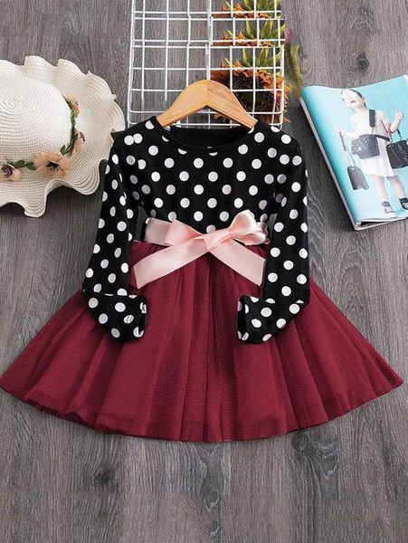 

toddler girls polka dot contrast mesh ribbon belt combo dress she, Red;yellow