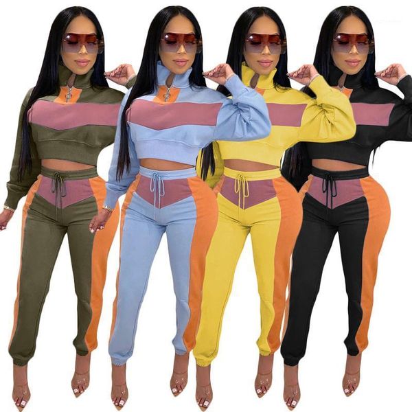 

long sleeve 2020 women new arrival cothes sets zipper high neck crop elastic waist pants fitness patchwork clothes1, Gray