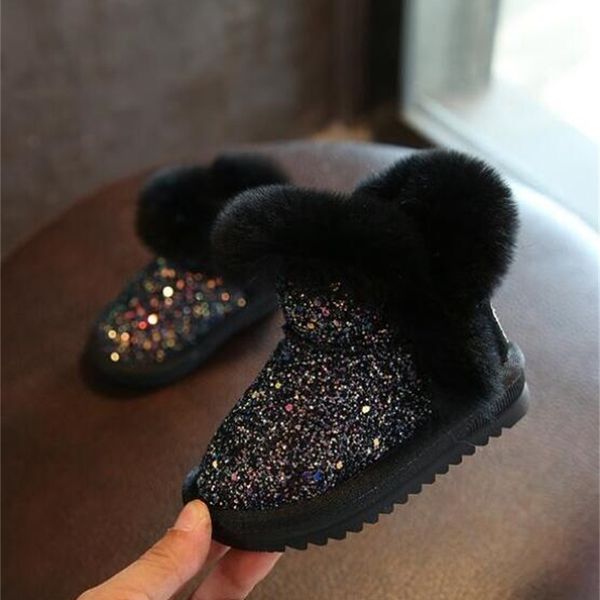

snow fur children' 2020 girls rabbit genuine leather martin baby cotton sport shoes sequins princess warm boots, Black;grey