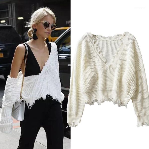 

women autumn sweater with v-neck solid long sleeve knitted pullover femme casual loose thick winter tassel sweater to1, White;black