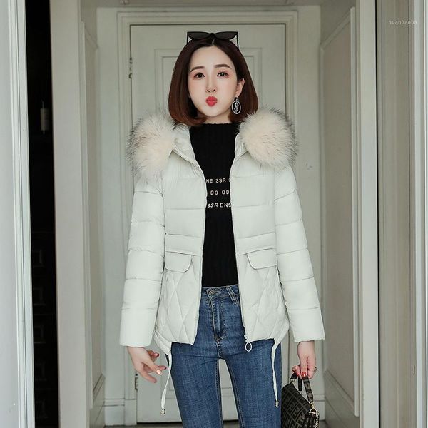 

fashion hooded parka coat drawstring slim new winter jacket women warm fur collar jacket female office lady1, Black
