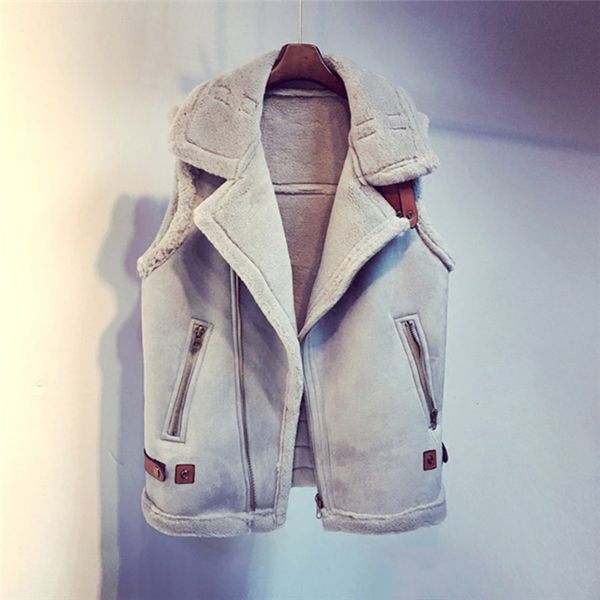 

suede faux leather waistcoat women sleeveless fur jacket coats 2017 winter female zip vest jackets with belt fall warm cardigan, Black;white