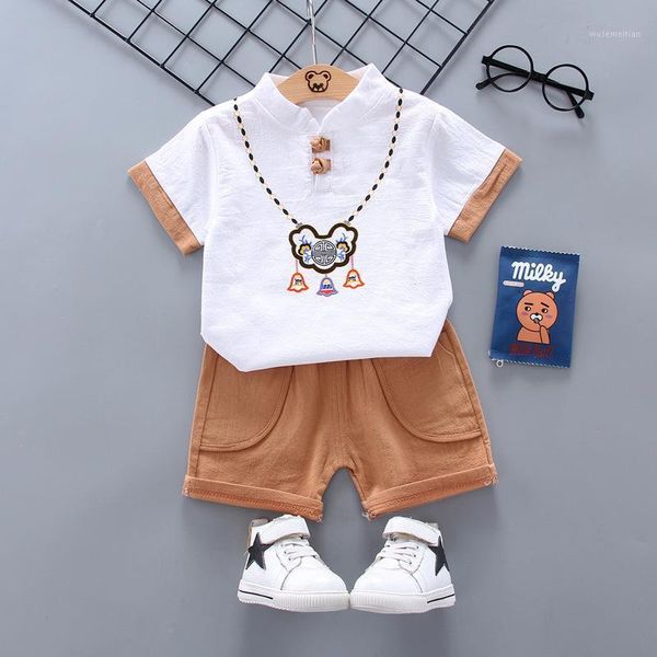 

clothing sets children clothes summer short-sleeved suit korean cotton and linen chinese 2-piece t-shirt shorts casual outfi1, White