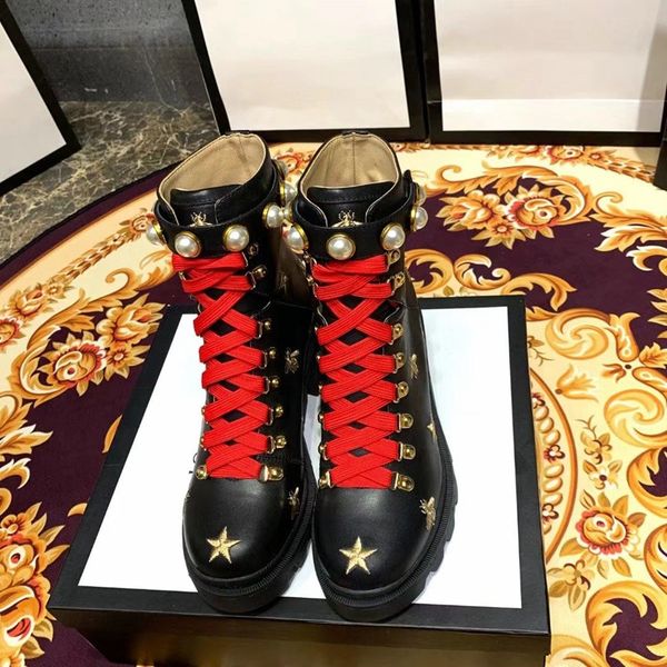 

woman's leather shoes lace up ribbon belt buckle ankle boots factory direct female rough heel round head autumn winter martin boots, Black