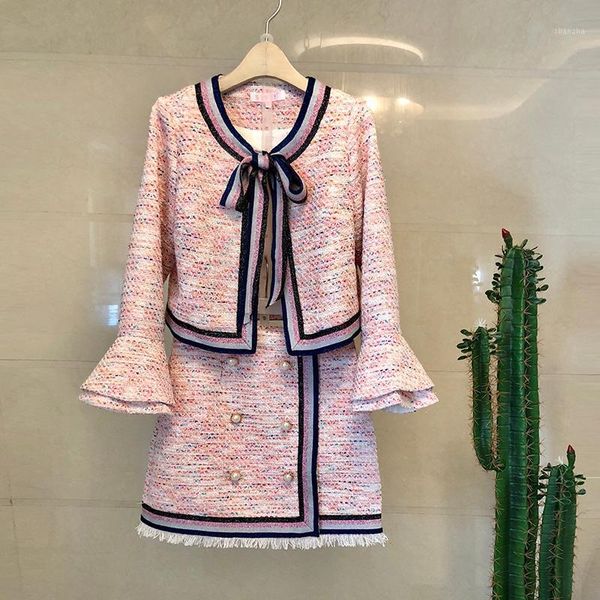 

skirt suits women runway luxury designers elegant office ladies formal tweed blazer jacket pink mini skirt two piece sets winter1, White;black