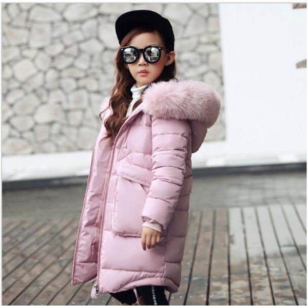 

2020 new fashion children winter jacket girl winter coat kids warm thick fur collar hooded long down coats for teenage 4y-14y, Blue;gray