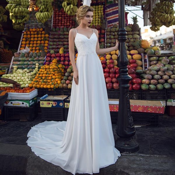 

2021 new beach spaghetti straps v neck chiffon bohemian bridal es robe mariee backless boho wedding gown z3kp, White