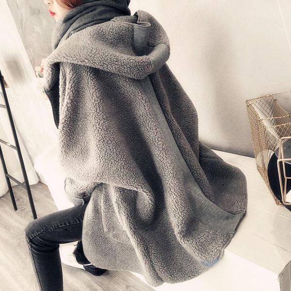 

women's fur & faux elegant autumn and winter thick warm hooded lamb wool coat mid-length korean loose teddy jacket, Black