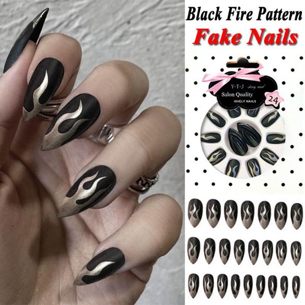 

24 pcs/set black punk flame pattern design stiletto fake nails full cover nails matte finished manicure nail art tips with glue, Red;gold
