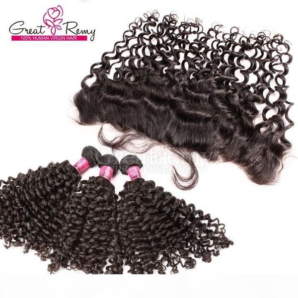 

greatremy 13x4 deep curly lace frontal closure with hair bundles curly wave brazilian virgin hair weave lace frontal milld 3 part, Black