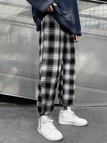 

1pc plaid drawstring cuff pants l3iv#, Black