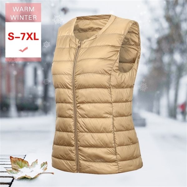 

s-7xl women fashion white duck down short vest female winter ultra light slim thin warm sleeveless jacket warm windproof linner 201209, Black