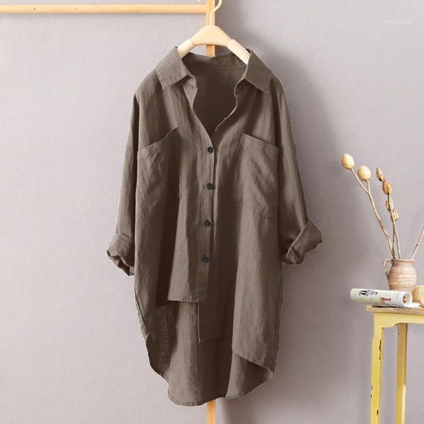 

women buttons down blouse asymmetrical high low casual shirt blouse long sleeve shirt female turn-down collar1, White