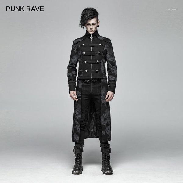 

men's trench coats punk rave gothic dragon totem detachable coat handsome stage performancemen micro-elastic twill long jacket 1, Tan;black