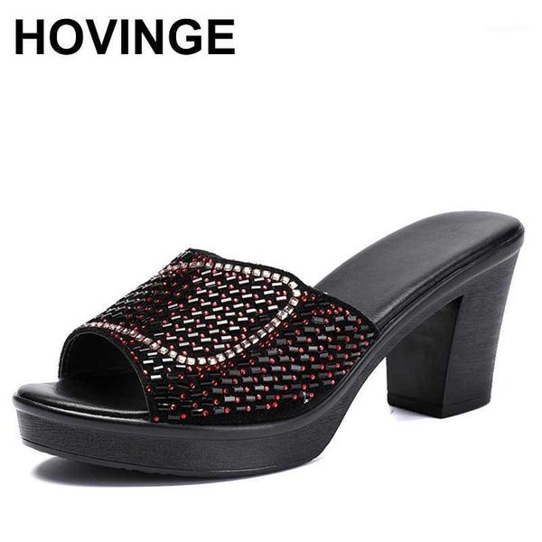 

hovinge new cowhide leather women sandals big size 41 sweet 2020open toe slippers woman thick heel shoes real leather crystal1, Black
