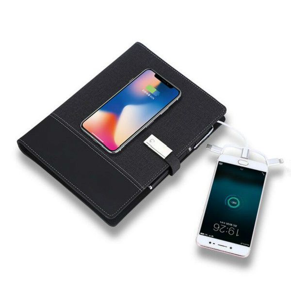 

2021 new designed a5 promotional powerbank notebook with usb drive wireless charging pu leather loose leaf book business gift power bank