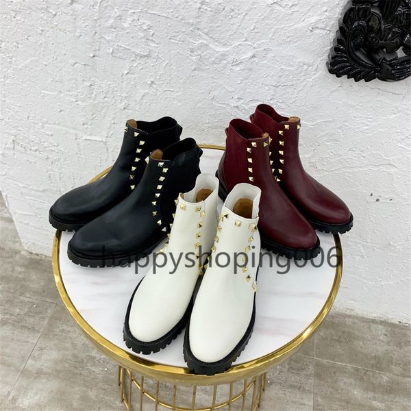 

womens ankle boots winter leather shoes with granulated calfskin rivet 2020 new fashion australia cowboy combat booties size35-40, Black