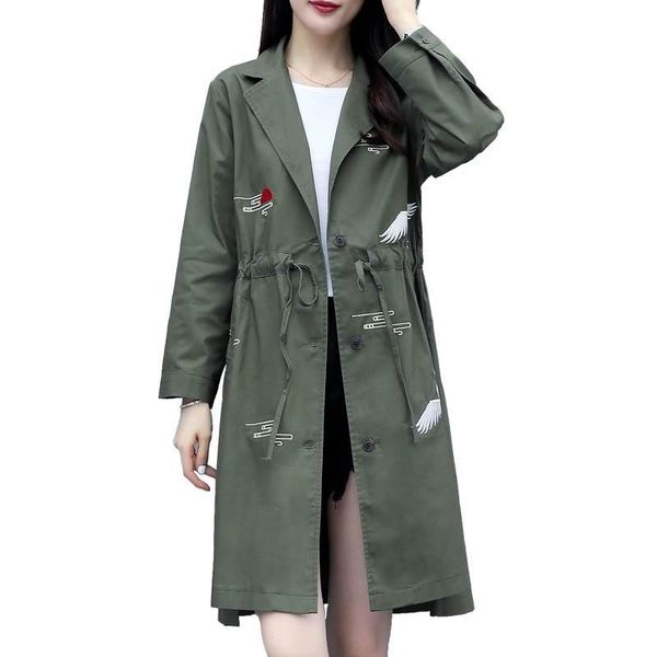 

women's trench coats 2021 spring autumn embroidery classic long coat drawstring women casual thin windbreaker female overcoat pullover, Tan;black