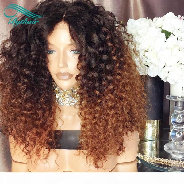 

bythair перуанских волос девственных человеческих париков ombre цвета # 1b # 30 kinky кудрявых полные париков шнурка предварительно щипковый, Black;brown