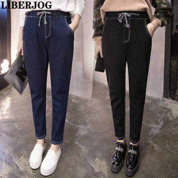 

women's jeans liberjog spring women pockets harem denim pants drawstring elastic high waist summer female trousers loose, Blue