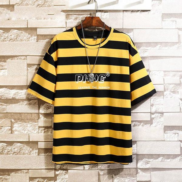 

yellow t-shirt men 2020 oversized striped cotton punk hip hop japanese streetwear harajuku tshirt male t shirt men, White;black