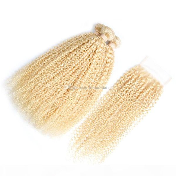 

#613 blonde human hair and lace closure 4*4 unprocessed afro kinky curly 3pcs hair bundles with lace closure brazilian virgin hair, Black;brown