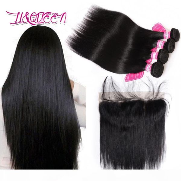 

lace frontal closure with bundles brazilian human hair weave with lace frontal closure straight hair weave closure with baby hair bundles, Black;brown