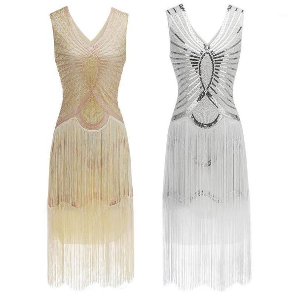 

1920s gatsby charleston sequin white bead fringe flapper dress vestido robe double v-neck sleeveless tiered tassel party dress1, White;black