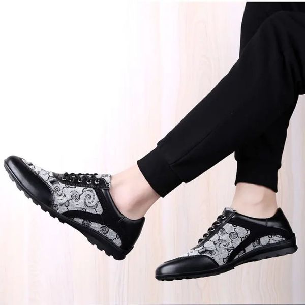 

print lace up men shoes 2021 new concise round toe fat pu leather casual mixed colors outdoors fashion classic comfortable sneaker dh673, Black