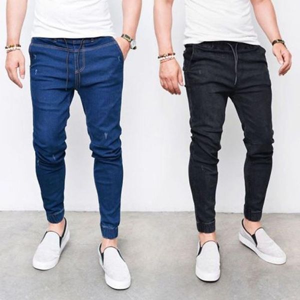 

vogue men jogger jeans bottoms skinny legging pants elastic waist pencil jeans casual slim fit full length trousers mens1, Blue
