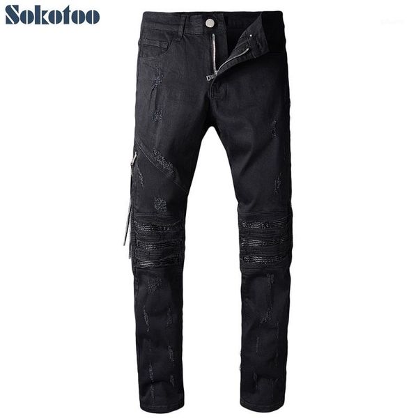 

wholesale- sokotoo men's black pleated ripped biker jeans casual patchwork slim stretch denim pants zipper long trousers1, Blue