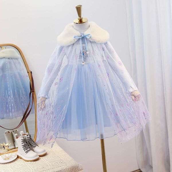 

and girl's 2020 autumn new spring drs long sve middle big girl princs poncho skirt cape, Red;yellow