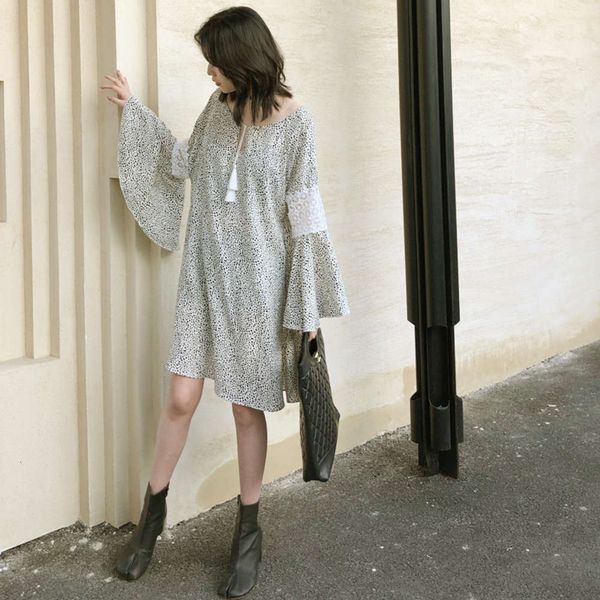 

lace moffi spring new a-line group stitching crew neck medium length trumpet wave point long sleeve chiffon drs, Black;gray