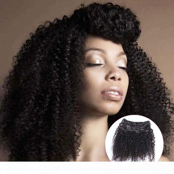 

natural color unprocessed brazilian virgin hair kinky curly 100g 7pcs african american clip in human hair extensions natural color, Black;brown