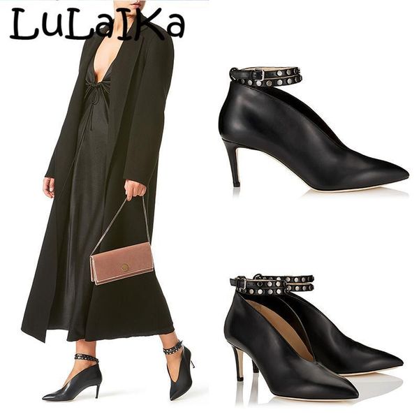 

2020 spring and autumn ladies luxury new wild v-shaped pointed toe fine heel leather fashion rivet high heel short boots, Black