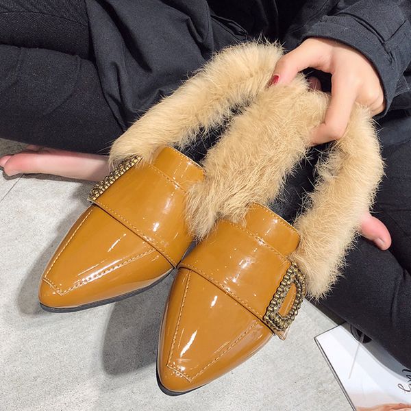 

2020 new women pumps shoes casual fashion pointed fur decoration buckle black office ladies shoes warm winter women fur shoes