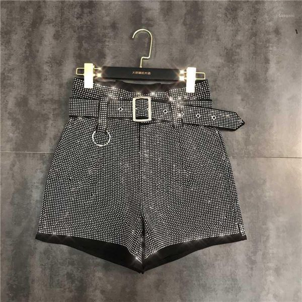 

deat 2020 spring black diamond women shorts with belt high waist rhingstone bottom mg7991, White;black