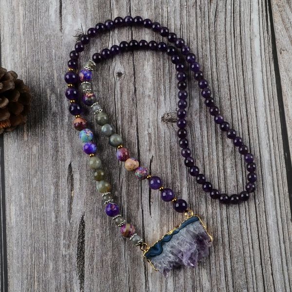 

luxury women natural amethysts slice pendant mixed stones beads knotted ethnic necklace11, Silver