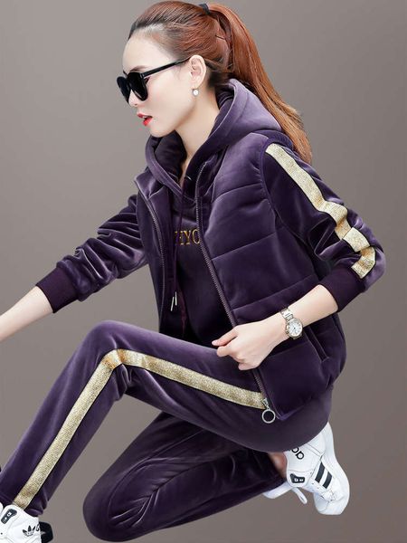 

double face velvet sweater women's autumn and winter plush thickening fashion loose hoodie casual sports three piece suit, Gray