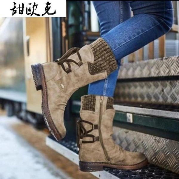 

boots 2021 winter women's fashion warm snow women mid-calf lace-up low-heeled for shoes botas mujer1, Black