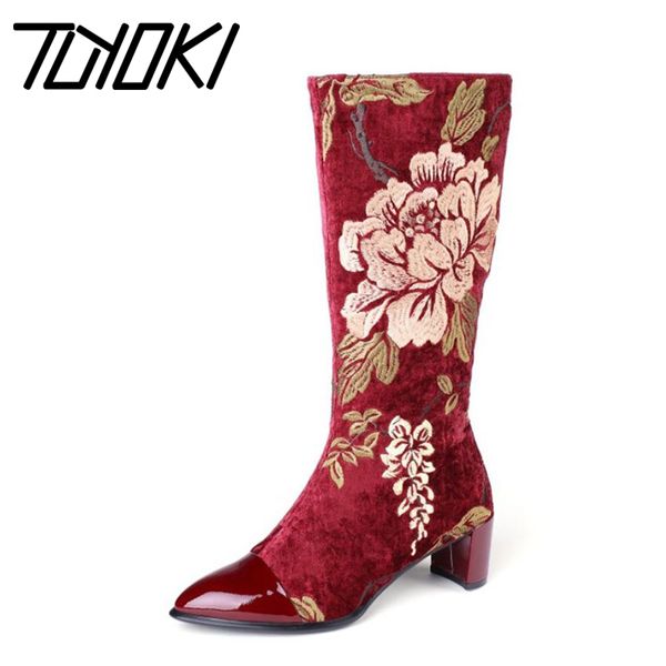 

boots tuyoki mid calf women real leather casual zipper high heels winter warm fur shoes flowers footwear size 34-43, Black