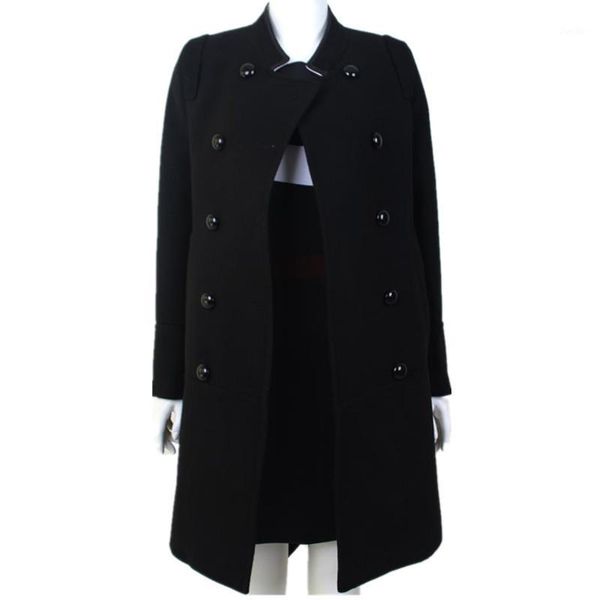 

2019 autumn winter black woolen coat women double breasted stand collar wool blends coat1