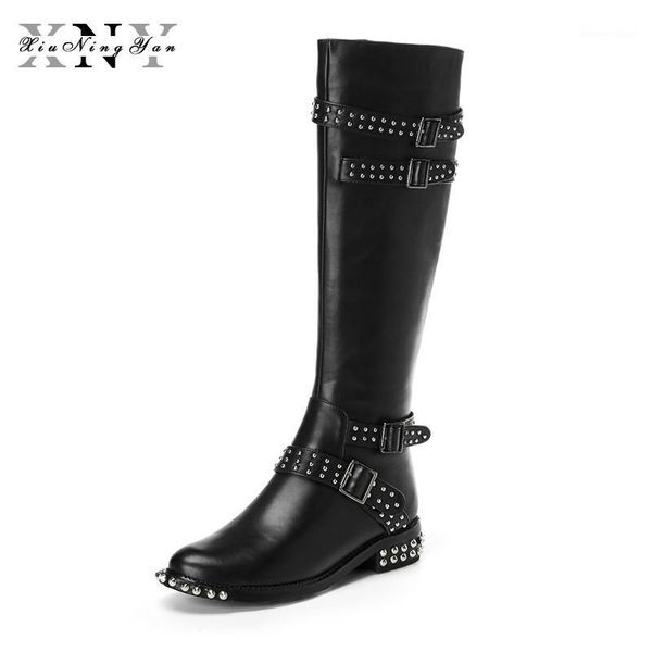 

boots xiuningyan shoes woman genuine leather women knee-high supperstar matin winter snow riding rivet women1, Black