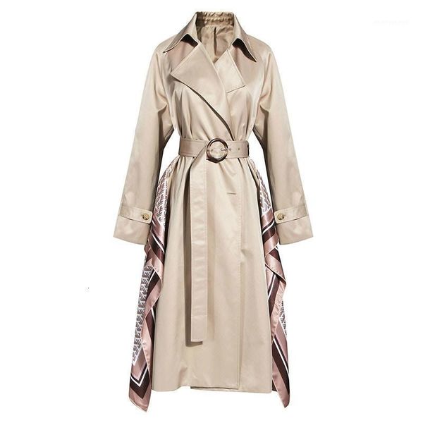 

wide waist women trench double breast patchwork print bandage goddess fan full sleeve casual loose long coat dmy17291, Tan;black