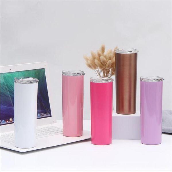 

13 colors 20oz 600ml skinny tumbler sturdy stainless steel vacuum multicolor car cup with straw party wedding mug