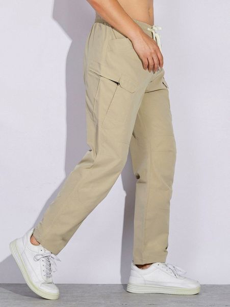 

men drawstring waist cargo pants u2c3#, Black