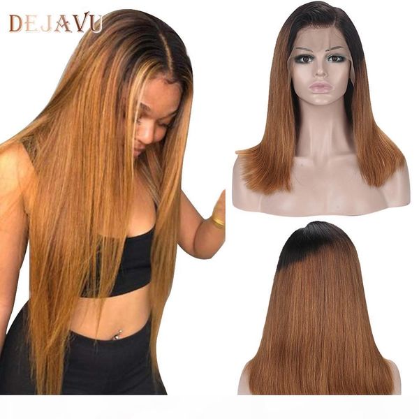 

dejavu ombre highlight lace front human hair wig 150% brown brazilian remy straight hair 13x4 lace frontal wig for women, Black;brown